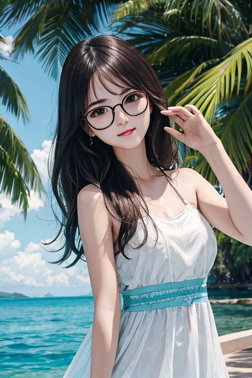 Highest quality、masterpiece、High sensitivity、High resolution、Detailed Description、Slender women、Glasses、Summer clothes、Water Play、