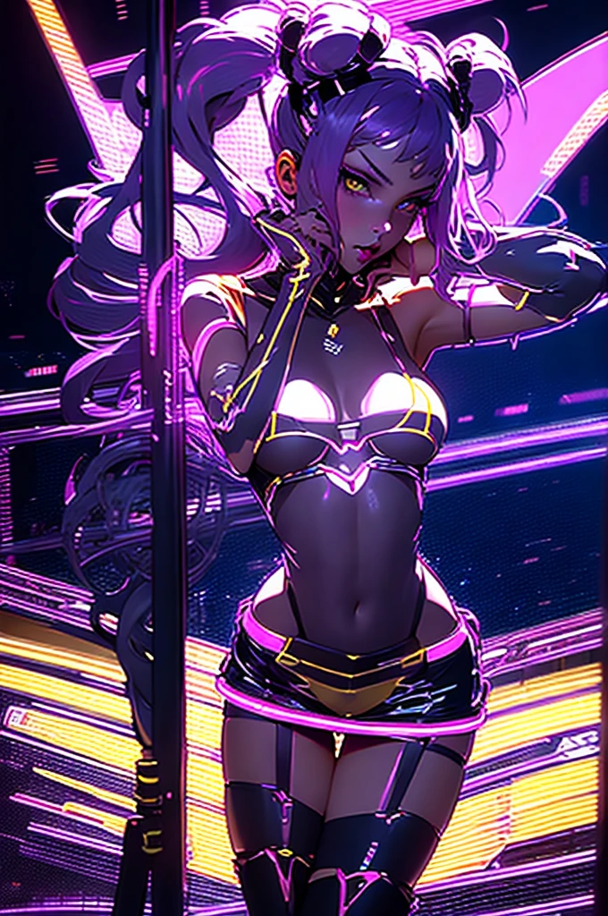 Beautiful, women, Cara sexy, yellow eyes, by white, Skinny body, pose sexy, pink stockings, mecha, neon sign, led night city, , high quality, realist, beautiful light, full detail, ( purple mini skirt) ( thigh high boots) long purple hair in pigtails with her tongue out and holding a pole on a stage