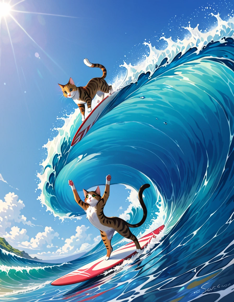 masterpiece, Highest quality,Gorgeous cat surfing、surfboard、trick、Upside down、Ocean、Wave、