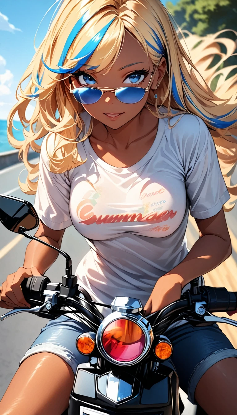 (highest quality:1.2, Very detailed, up to date, Vibrant, Ultra-high resolution, High Contrast, masterpiece:1.2, highest quality, Best aesthetics), Portraiture、girl、slim, Bright colors、Beautiful fine details、Beautiful lip detail、long hair, ((wavy hair:0.4))、messy hair, blonde and blue ((streaked hair:1.3)), highlights hair: 1.3, (medium breast:1), (tan skin:1.3), ((riding a motorcycle along a seaside road in summer:1)), t-shirt, jeans short pants, riding boots, (wearing sunglasses:1.5),
