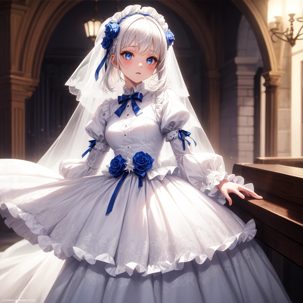 Lolita fashion, 1girl, Solo, white hair, blue eyes, puffy sleeves, wedding dress