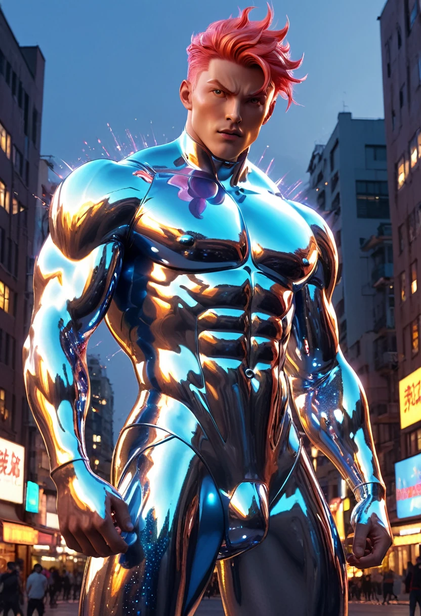 (mid_shot:1.3),(1 male:1.2),(muscle man:1.1),(frontal illumination:1.2),with a silver body and glitters with lights above,extreme iridescent reflection,in the style of vray tracing,vibrantmanga,shiny/ glossy,rococo pastel,fluid form,tinycore,fluid impressions,vray,machine aesthetics,yanjun cheng,silver,shiny eyes,fluidform.,the young warrior,male characteristics, heroic stance,striking contrast,energy crackling,superhuman speed,heroic proportions,red and yellow lightning effects,explosive background,cityscape at night,energetic aura.