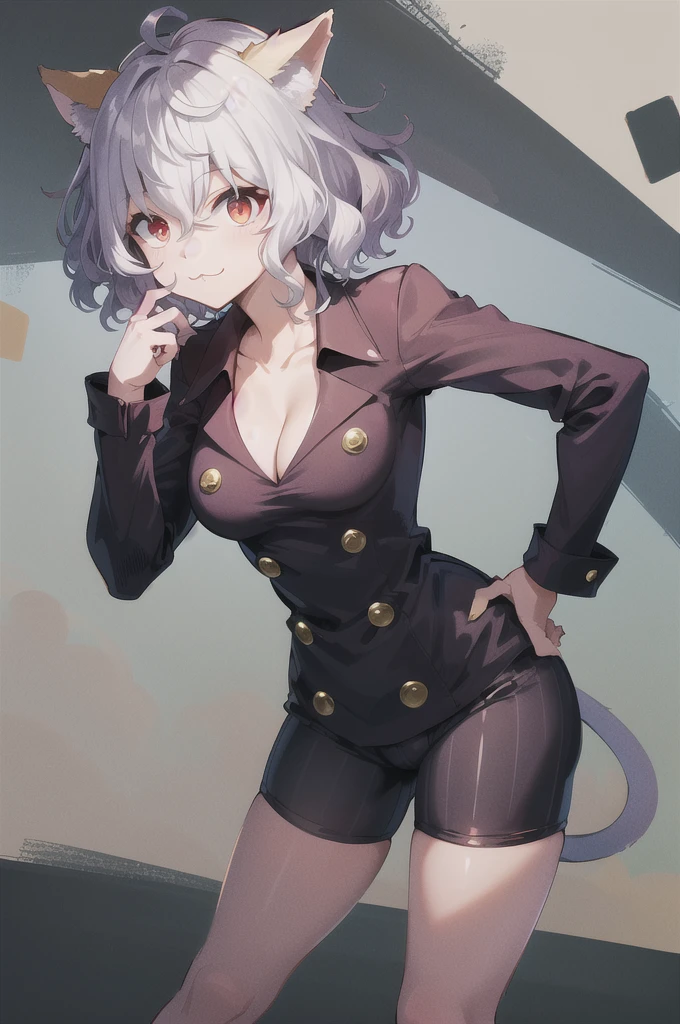 masterpiece, best quality, highres, neferpitou1, cat ears, (cat tail:0.6), solo, short hair, red eyes, long sleeves, hair between eyes, :3, curly hair, striped, cat girl, buttons, striped shorts, town, leaning forward, hand on hip, cleavage,