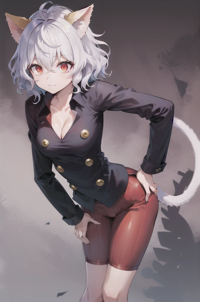masterpiece, best quality, highres, neferpitou1, cat ears, (cat tail:0.6), solo, short hair, red eyes, long sleeves, hair between eyes, :3, curly hair, striped, cat girl, buttons, striped shorts, town, leaning forward, hand on hip, cleavage, 