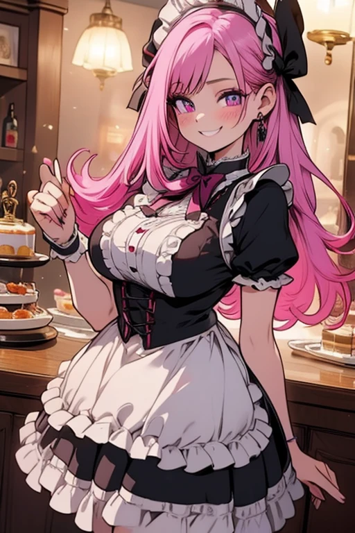 Perfect face. Perfect hands. A pink haired woman with violet eyes and an hourglass figure in a Lolita maid's outfit is serving cake in a Victorian style maid cafe with a big smile