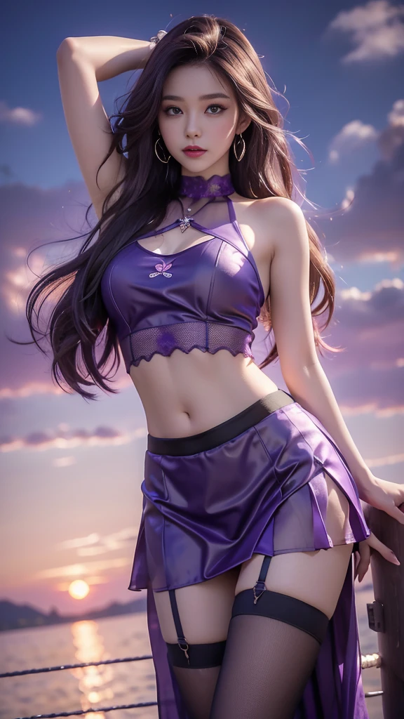 8K, ultra hd, masterpiece, hd colors, 1 girl, perfect face, very long curly hair, detailed eyes, simple clothing, ((purple clothing)), stocking, cryzada lace, mesh skirt, sardine, straps, net clothing, loops, bare navel, jwellery, waterside, Realistic scenery, epic scenery, sun rising, evening, clouds, Butterfly, cherry blossom, blowing wind, perfect pose,