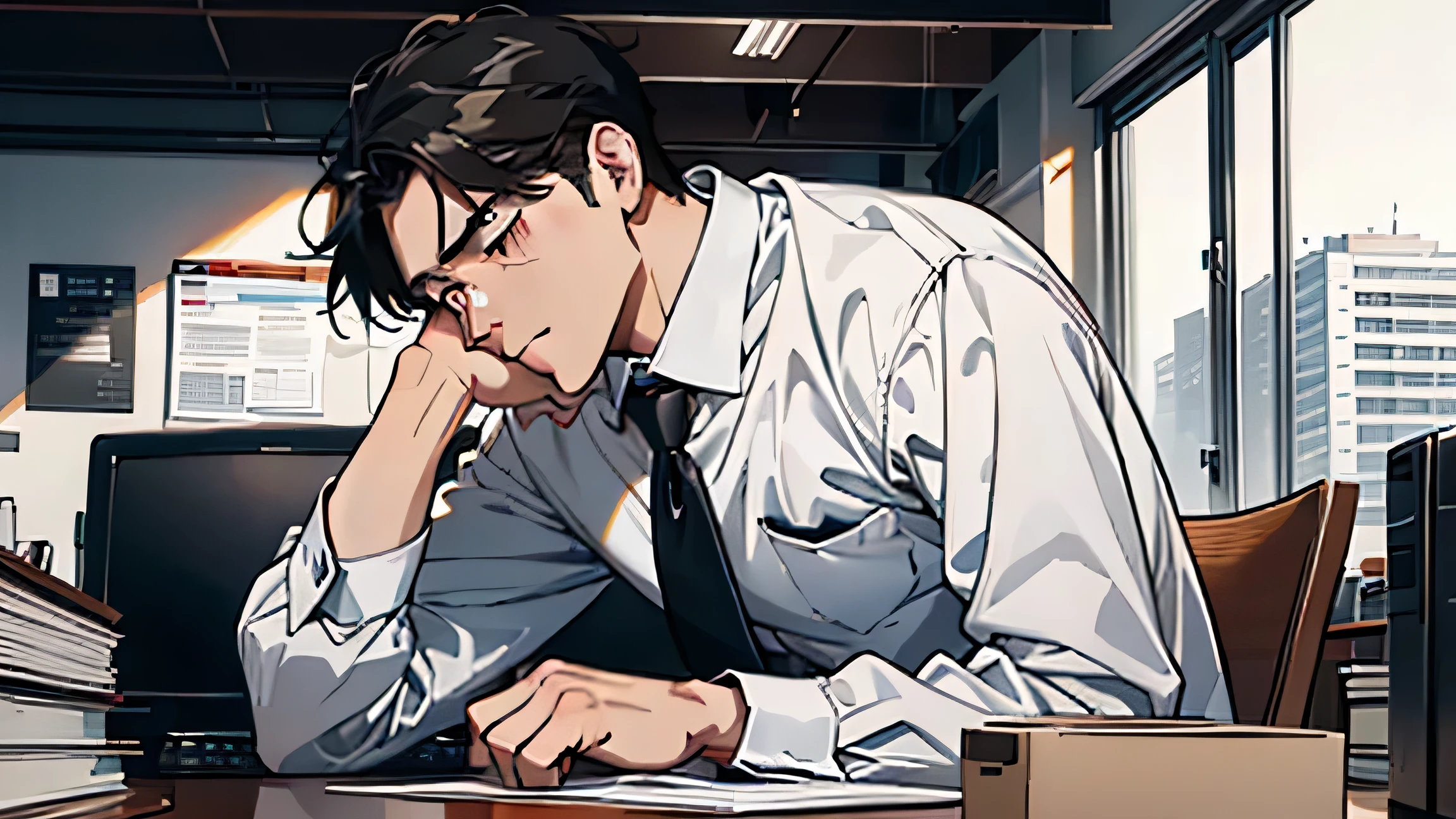 A worried male office worker lying face down on his desk.、Please describe yourself surrounded by thick work-related documents....。Holding your head。From that expression and pose、Be sure to communicate the pressure and stress of work.。pure、A coffee cup and a laptop are on his desk.、Please describe his work environment in detail....。