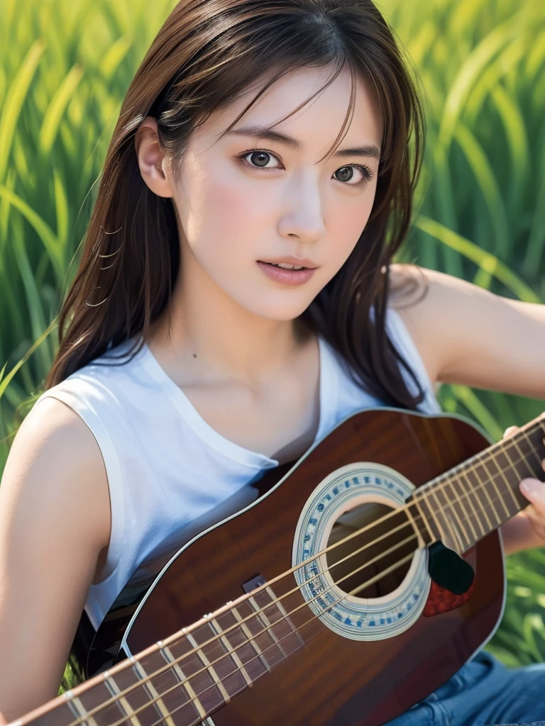 ((masterpiece, Highest quality, High resolution)), (Playing Acoustic Guitar:1.5), 1 beautiful girl, (Realistic: 1.4), Symmetrical eyes, Great face, 15 years old, Medium Hair, (Beautiful Hair:1.5), (Open your mouth:1.3), (There is no grassland:1.5), blue sky, Light of the sun, Side Angle, Smooth, Highly detailed CG composite 8K wallpaper, High resolutionのRAWカラー写真, Professional photography, Light, BackLight, dream-like, impressive, Written boundary depth　Cat