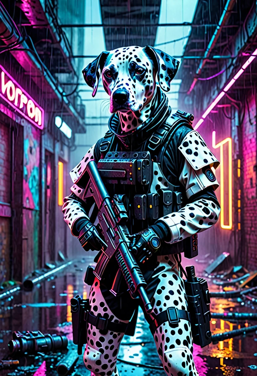 a futuristic cyberpunk Dalmatian dog with a grim face holding a gun in an abandoned building, rainy weather, neon lights and steam, detailed futuristic outfit, hyperrealistic, 8k, photorealistic, cinematic lighting, moody atmosphere, soft color palette, intricate details, depth of field, dynamic camera angle