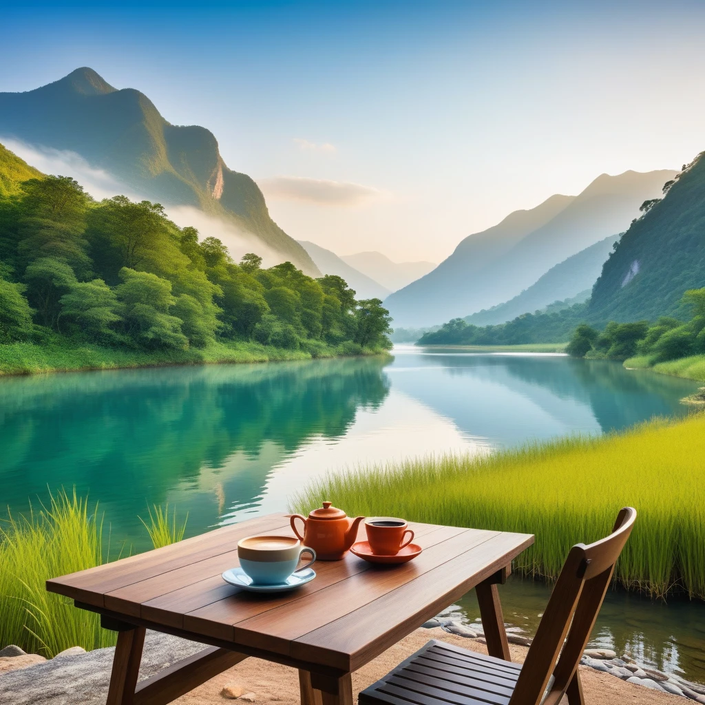 Create a serene and picturesque scene of a small table set by a river. On the table, there's a steaming cup of coffee. The scene should capture the beauty of a flowing river and majestic mountains in the background. The setting should evoke a sense of peace and tranquility, with soft natural lighting and vibrant colors reflecting off the water and the surrounding landscape. The image should invite the viewer to imagine themselves in this peaceful spot, enjoying the view.