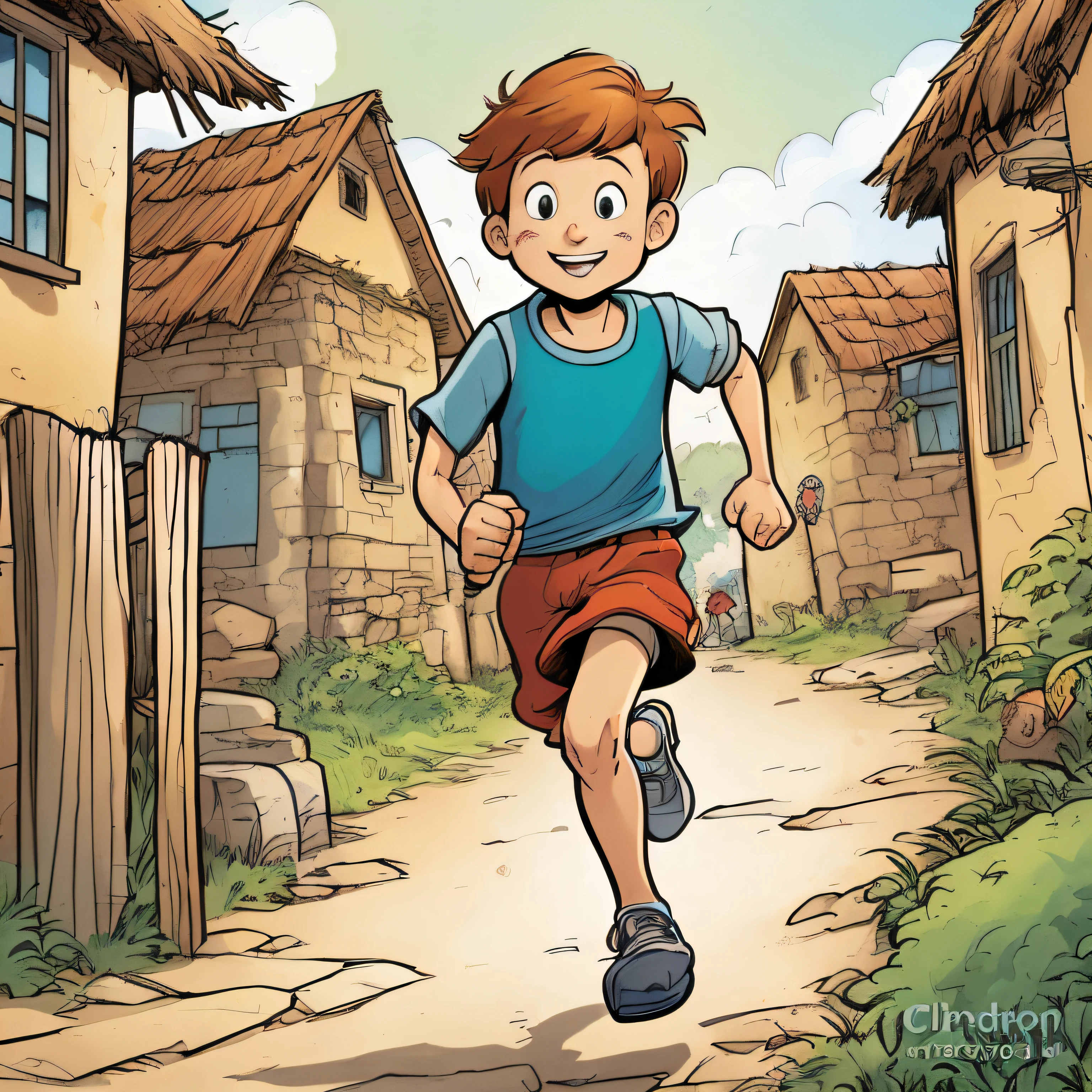 Cartoon boy running on the village road, official art, children's book illustration, children's book illustration, concept art of a single guy, diego 5, illustration for children, promotional art, storybook illustration, run freely, children's book illustration, tom holland: Peter pan, epic full color illustration