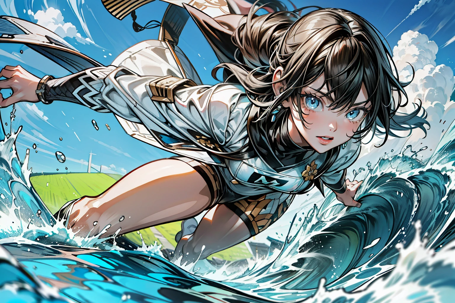 Shinkai Makoto, Shinkai Makoto味道, Beautiful sky, (girl surfing), ((best quality)), (Very detailed), (Beautiful eyes Beautiful details eyes, Clean and delicate face, Aya Kono color style, {{masterpiece}}, {{{best quality}}},{{Extremely detailed}}, {{illustration}},{{masterpiece}},{{{best quality}}},{{Extremely detailed}}, Photorealism,realism,Reality,High Detail,Ultra-high quality,high resolution,Popular on artstation,HD,16K,Unreal Engine,rendered on octane,Corona Rendering,Tilt Shift,Bottom View,Rembrandt photo