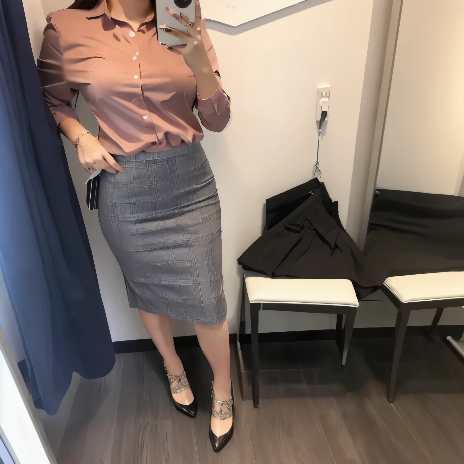 Woman taking selfie in mirror in room, Office Clothes, Grey Skirt, Business attire, Pencil Skirt, Wearing business casual clothes, Work clothes, business attire, 透明なGrey Skirt, casual business attire, Wearing a skirt, Checked skirt, business suit, Costume photo, Work clothes, Businesswoman, Casual clothing, Full body photo, Pencil Mini Skirt, Full body female