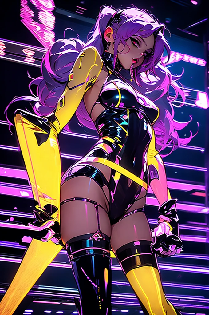 Beautiful, women, Cara sexy, yellow eyes, by white, Skinny body, pose sexy, pink stockings, mecha, neon sign, led night city, , high quality, realist, beautiful light, full detail, ( purple mini skirt) ( thigh high boots) long purple hair in pigtails with her tongue out and holding a pole on a stage
