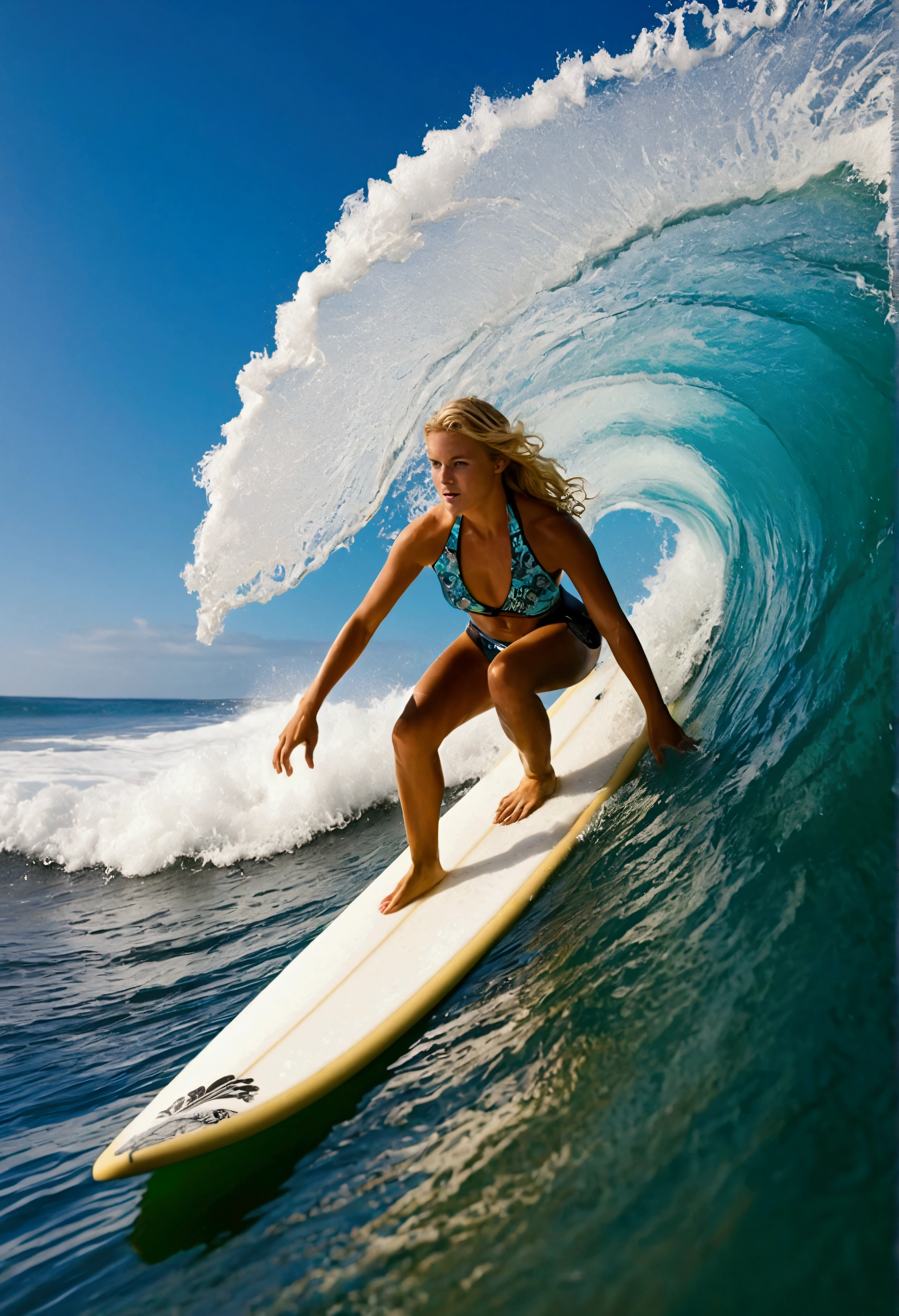 Sports Photography, surfing, Beautiful girls in big waves, blondes, bikinis, surfboards with intricate details, damask patterned surfboards