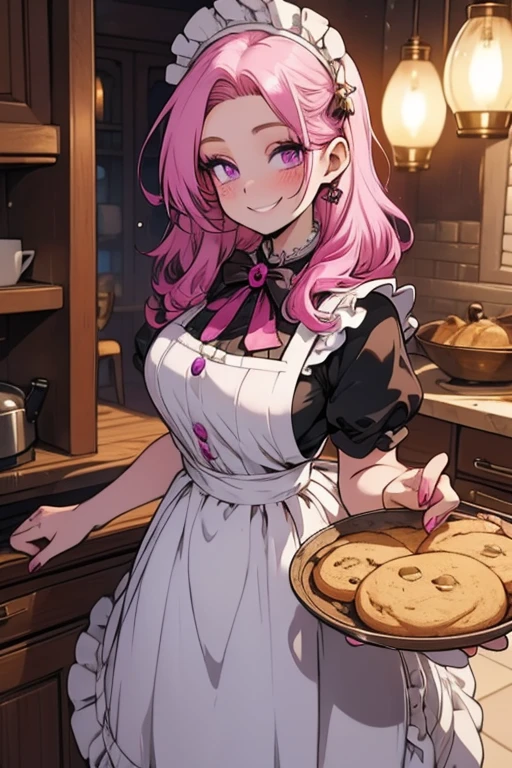 Perfect face. Perfect hands. A pink haired woman with violet eyes and an hourglass figure in a Lolita maid's outfit is baking cookies in a fancy kitchen with a big smile
