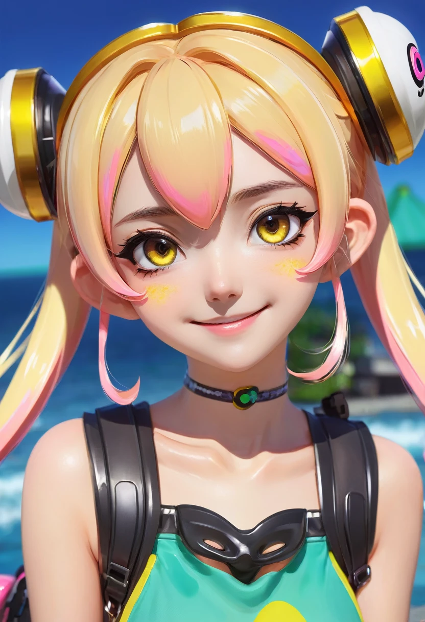 masterpiece, Highest quality, Very detailed, Beautiful Shadows, anime、Situation Portrait、((splatoon girl))、Golden Eyes、blush、Smile with your mouth slightly open、cute, cute, oxgirl, ox&#39;ear, spot, cute pastel colors, spot on ears in pastel pink, Pastel blue rainbow hair, Hair Highlights, Maid Dream Maid, ((Japan Made Cafe Costume)), Adorable, Mature Woman, Big Breasts, Decora, Rich accessories, hairclipped, Decorations, hair ornaments, performer, heart, Sparkling, clipped, Twiser, Bell, カウBell, ((Pastel pink maid outfit)), Pastel pink sleeves, Yellow Details, Cat, Dancing figure, Paint splattered background