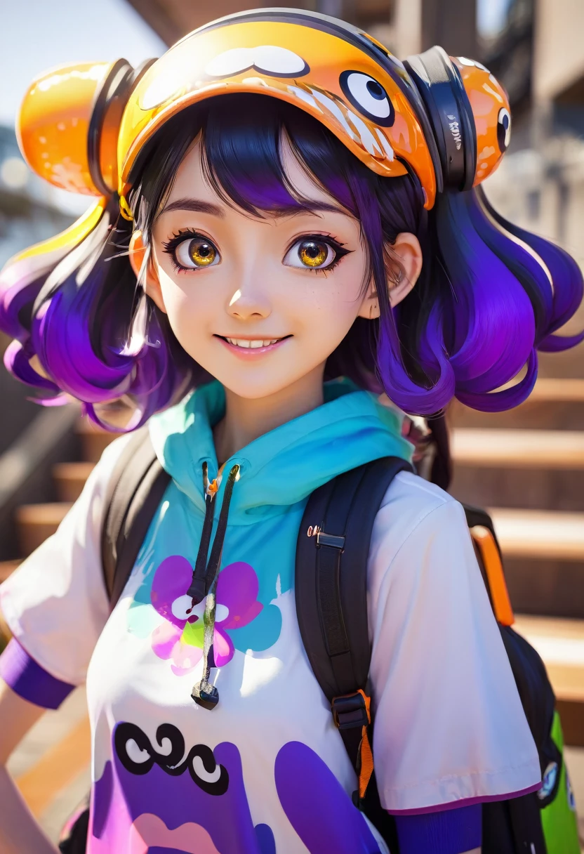 masterpiece, Highest quality, Very detailed, Beautiful Shadows, anime、Situation Portrait、((splatoon girl))、Golden Eyes、blush、Smile with your mouth slightly open、cute, cute, oxgirl, ox'ear, spot, cute pastel colors, spot on ears in pastel pink, Pastel blue rainbow hair, Hair Highlights, Maid Dream Maid, ((Japan Made Cafe Costume)), Adorable, Mature Woman, Big Breasts, Decora, Rich accessories, hairclipped, Decorations, hair ornaments, performer, heart, Sparkling, clipped, Twiser, Bell, カウBell, ((Pastel pink maid outfit)), Pastel pink sleeves, Yellow Details, Cat, Dancing figure, Paint splattered background