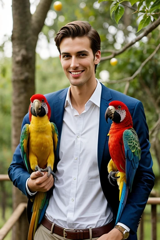 A young cute tall handsome man with many parrot and birds 