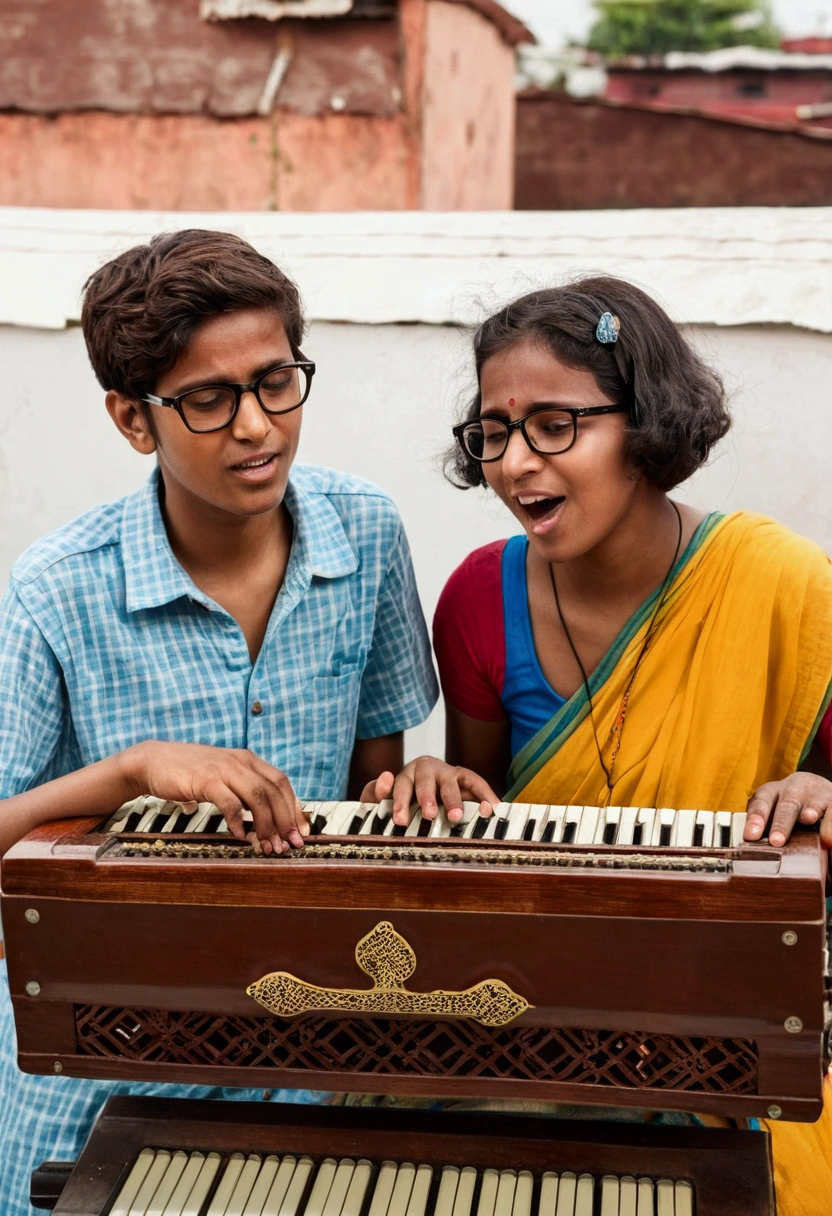 21 year brown guy with specs short hair playing harmonium at roof with her listener sister drinking tea
