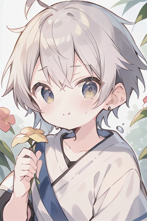 Highest quality, (high quality),eye highlights,arms are thin, thin body,face,from front, (portrait),look at viewer,have flowers,double teeth,very happy smile,Pouting mouth,watery eyes,open your mouth and laugh,(((10 years old))), (1 boy),(silver hair),(very)short hair,earrings,illustration,anime style, 