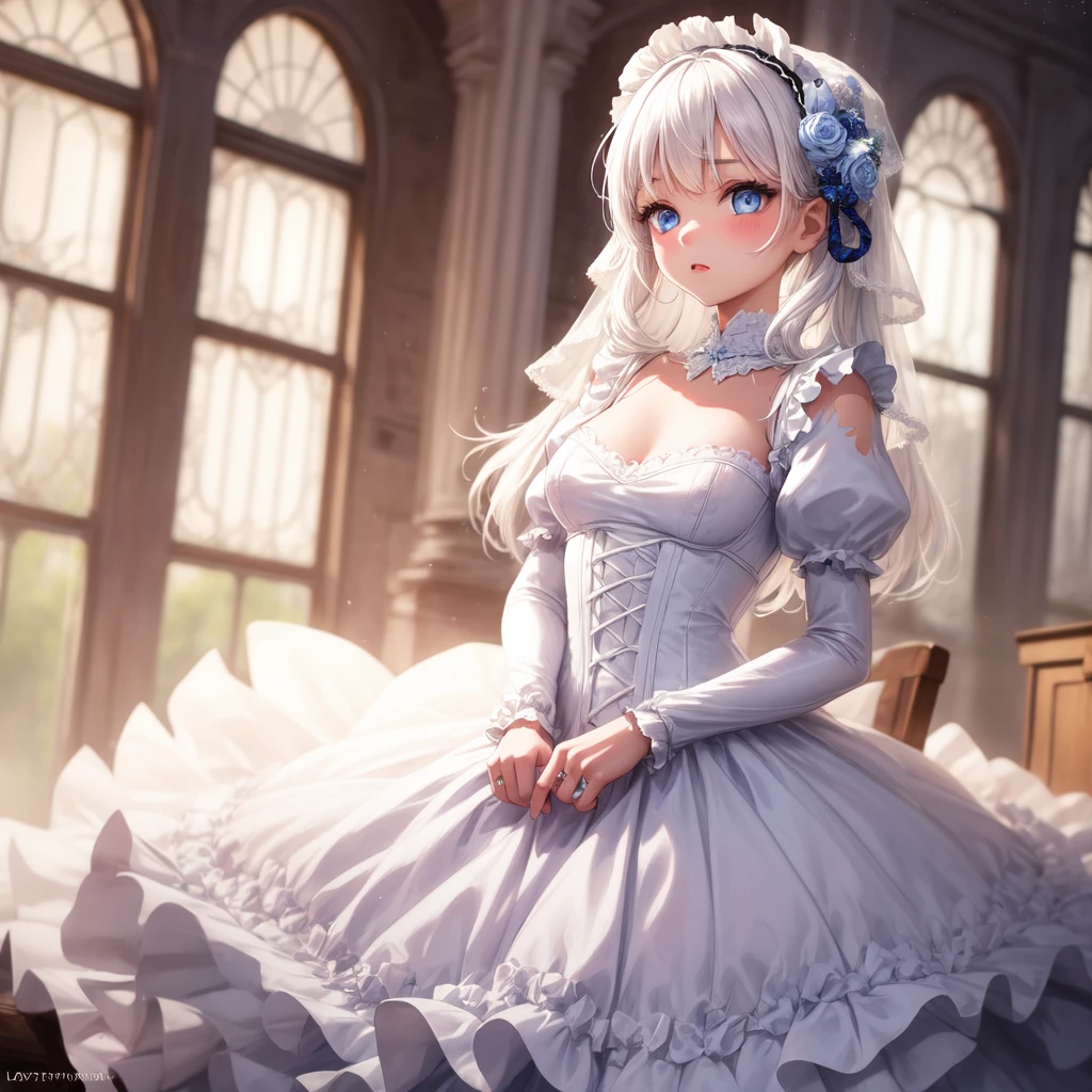 Lolita fashion, 1girl, Solo, white hair, blue eyes, puffy sleeves, wedding dress, torn dress