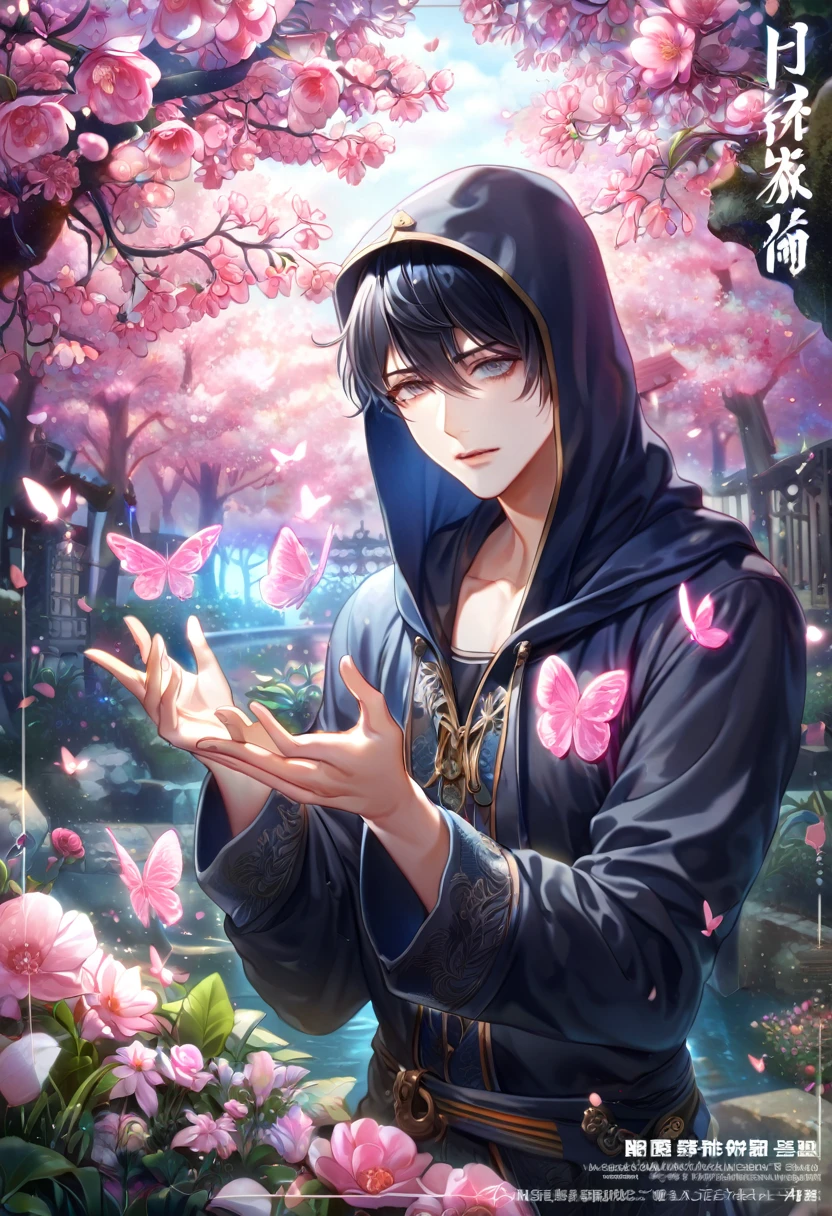 absurdres, highres, ultra detailed, HDR, master piece, best quality, extremely detailed face, delicated features, Zhang Qiling, black hair, expressive gray eyes, hair between the eyes, with bangs, The Lost Tomb, solo, sexy man, handsome, dark blue hooded jacket, black fingerless gloves, fantasy, magical, pink butterflies, spring, pink leaves, pink flowers, garden
