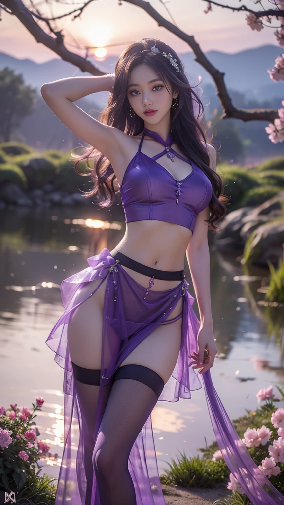 8K, ultra hd, masterpiece, hd colors, 1 girl, perfect face, very long curly hair, detailed eyes, simple clothing, ((purple clothing)), stocking, cryzada lace, mesh skirt, sardine, straps, net clothing, loops, bare navel, jwellery, waterside, Realistic scenery, epic scenery, sun rising, evening, clouds, Butterfly, cherry blossom, blowing wind, perfect pose,