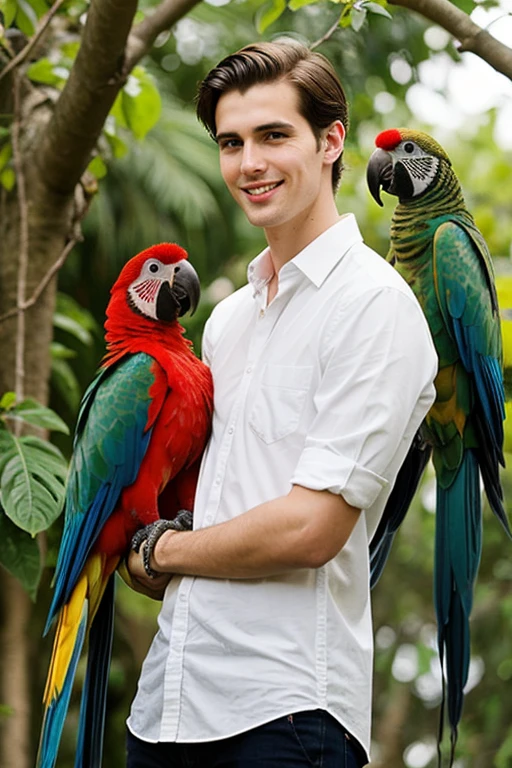 A young cute tall handsome man with many parrot and birds