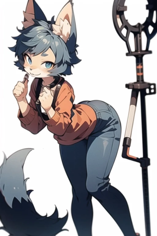 ((best quality)), ((masterpiece)), (detailed), 1girl, ((best quality)), ((masterpiece)), (detailed), 1girl, off-shoulder sweater, ((best quality)), ((masterpiece)), (detailed), single woman, gender bent, miles tails prower DDD sized breasts, long shapely legs, fox girl, anthropomorphic, blue overalls, no shirt, confident smirk, flirty wink, leaning forward slightly, alluring pose, workshop environment, scattered tools on ground, black collar, blue eyes, two fox tails, cyborg arms and legs.