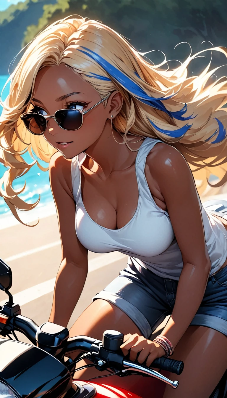 (highest quality:1.2, Very detailed, up to date, Vibrant, Ultra-high resolution, High Contrast, masterpiece:1.2, highest quality, Best aesthetics), Portraiture、girl、slim, Bright colors、Beautiful fine details、Beautiful lip detail、long hair, ((wavy hair:0.4))、messy hair, blonde and blue ((streaked hair:1.3)), highlights hair: 1.3, (medium breast:1), (tan skin:1.3), ((riding a motorcycle along a seaside road in summer:1)), tank top, jeans short pants, riding boots, (wearing sunglasses:1.5),looking ahead