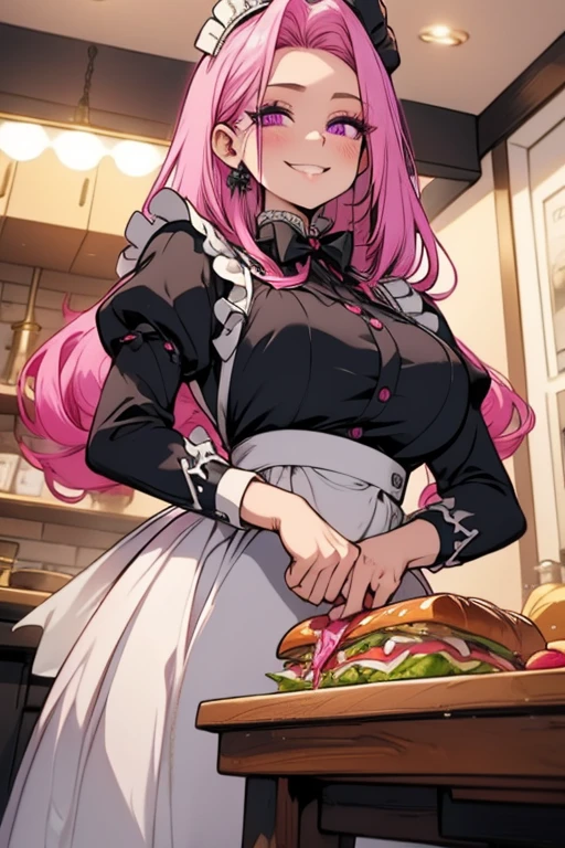 Perfect face. Perfect hands. A pink haired woman with violet eyes and an hourglass figure in a Lolita maid's outfit is making sandwiches  in a fancy kitchen with a big smile