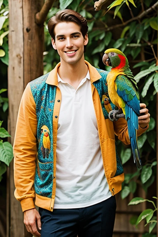 A young cute tall handsome man with many parrot and birds