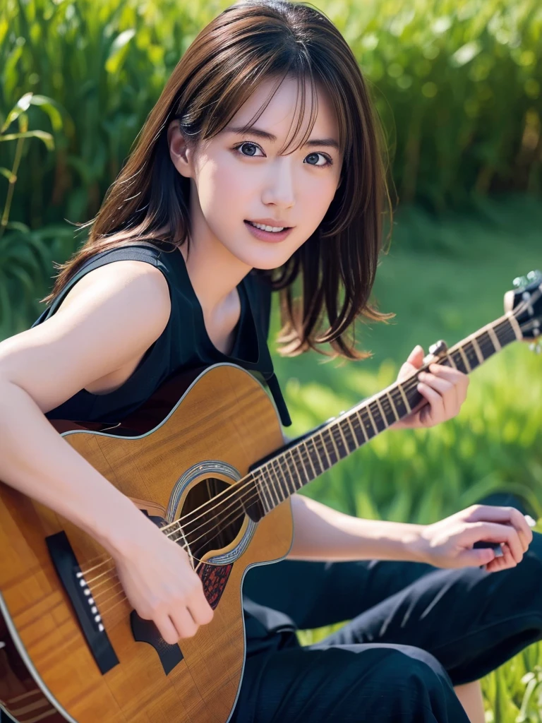 ((masterpiece, Highest quality, High resolution)), (Playing Acoustic Guitar:1.5), 1 beautiful girl, (Realistic: 1.4), Symmetrical eyes, Great face, 15 years old, Medium Hair, (Beautiful Hair:1.5), (Open your mouth:1.3), (There is no grassland:1.5), blue sky, Light of the sun, Side Angle, Smooth, Highly detailed CG composite 8K wallpaper, High resolutionのRAWカラー写真, Professional photography, Light, BackLight, dream-like, impressive, Written boundary depth Forest view