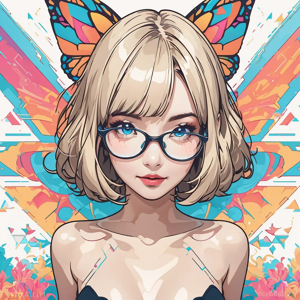 girl，portrait，vector art，vector art：1.2，floral pattern：1.1，geometric elements，sharp lines，X-ray，neon color，beautiful eyes，color palette，line art，Hair and butterfly transformation，Symmetrical balance，Fantasy elements，dreamy atmosphere，Geometric symmetry，soft light，ethereal，White background，Moderate：digital illustration。AuthorOrlando Arocena，Black and blonde hair, glasses, blank space