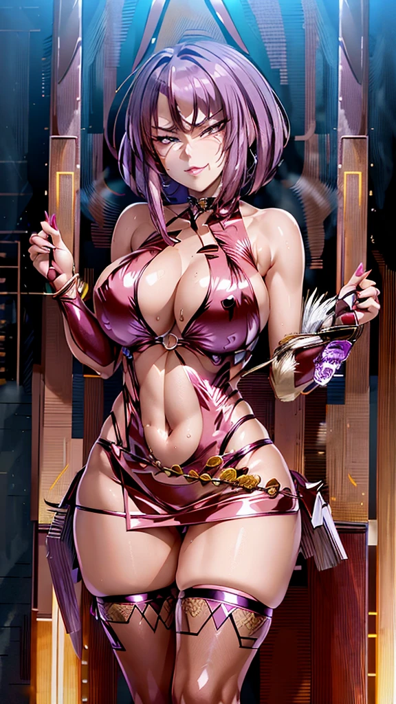 purple eyes, (best quality, masterpiece painting,:1.1), Oboro, mature female, full body shot, bodycon, micro skirt, navel cutout, mini skirt, purple hair, short hair, huge breasts,nude (narrow waist:1.1), cleavage, perfect body, (athletic body:1.1), soft skin, anime face, perfect face, (perfect eyes:1.1), purple irises, anime eyes, smoky eyeliner, eyeshadow, asian, smirking, looking at viewer, night city background, neon lights, sharp focus, intricate details, professional artwork, (vibrant colors:1.1), vivid colors, Diffused lighting, digital blending, ultra detailed body, ultra detail hair, ultra detail face, trending on pixiv, by Kagami Hirotaka, Harue Koga,