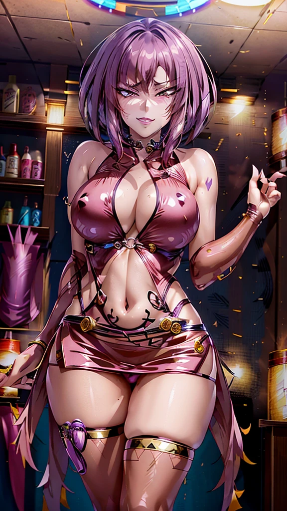 purple eyes, (best quality, masterpiece painting,:1.1), Oboro, mature female, full body shot, bodycon, micro skirt, navel cutout, mini skirt, purple hair, short hair, huge breasts,nude (narrow waist:1.1), cleavage, perfect body, (athletic body:1.1), soft skin, anime face, perfect face, (perfect eyes:1.1), purple irises, anime eyes, smoky eyeliner, eyeshadow, asian, smirking, looking at viewer, night city background, neon lights, sharp focus, intricate details, professional artwork, (vibrant colors:1.1), vivid colors, Diffused lighting, digital blending, ultra detailed body, ultra detail hair, ultra detail face, trending on pixiv, by Kagami Hirotaka, Harue Koga,