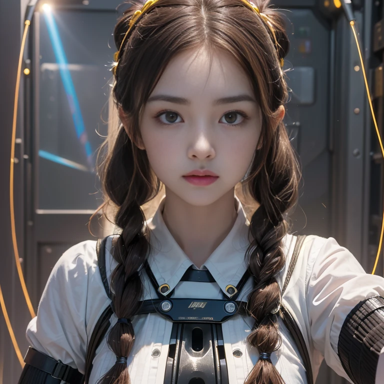 ((RAW photo), absurdities, (absurdresolution)), masterpiece, best quality, (Extremely detailed CG unity 8k wallpaper), (best illustration), (best shadow), absurdities, Realistic lighting, beautiful detailed glow, ((The face of the most beautiful young girl)), the most beautiful face ever created, young girl with bright eyes, seductive look, ultra-detailed pupil, captivating, clean, perfect, (brown hair, loose, tied ends, two pigtails), (((background: cables, shiny machine, lasers, star portal)))