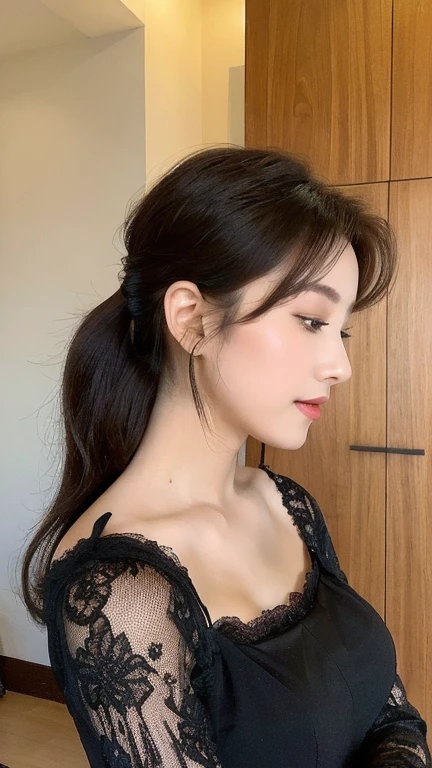 (Real, High resolution:1.3), One girl with a perfect body, Very beautiful face and eyes,Long Hair, Black lace blouse:1.2,Upper Body(To the top of the head), Hide your chest: 1.1, indoor, Brush your hair up with your hands, Sexy pose with hands in front of face(Accurately generated based on human ???????), Sexy look, profile,