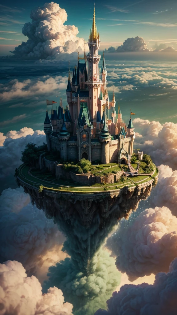 Wonderful CG painting, Unobscured, Light green clouds, Disney Castle, Garden above the clouds, A few drops of water falling from the clouds, Light green sea of roses, High-definition images, Unreal Engine, ArtStation 4k HD Trends