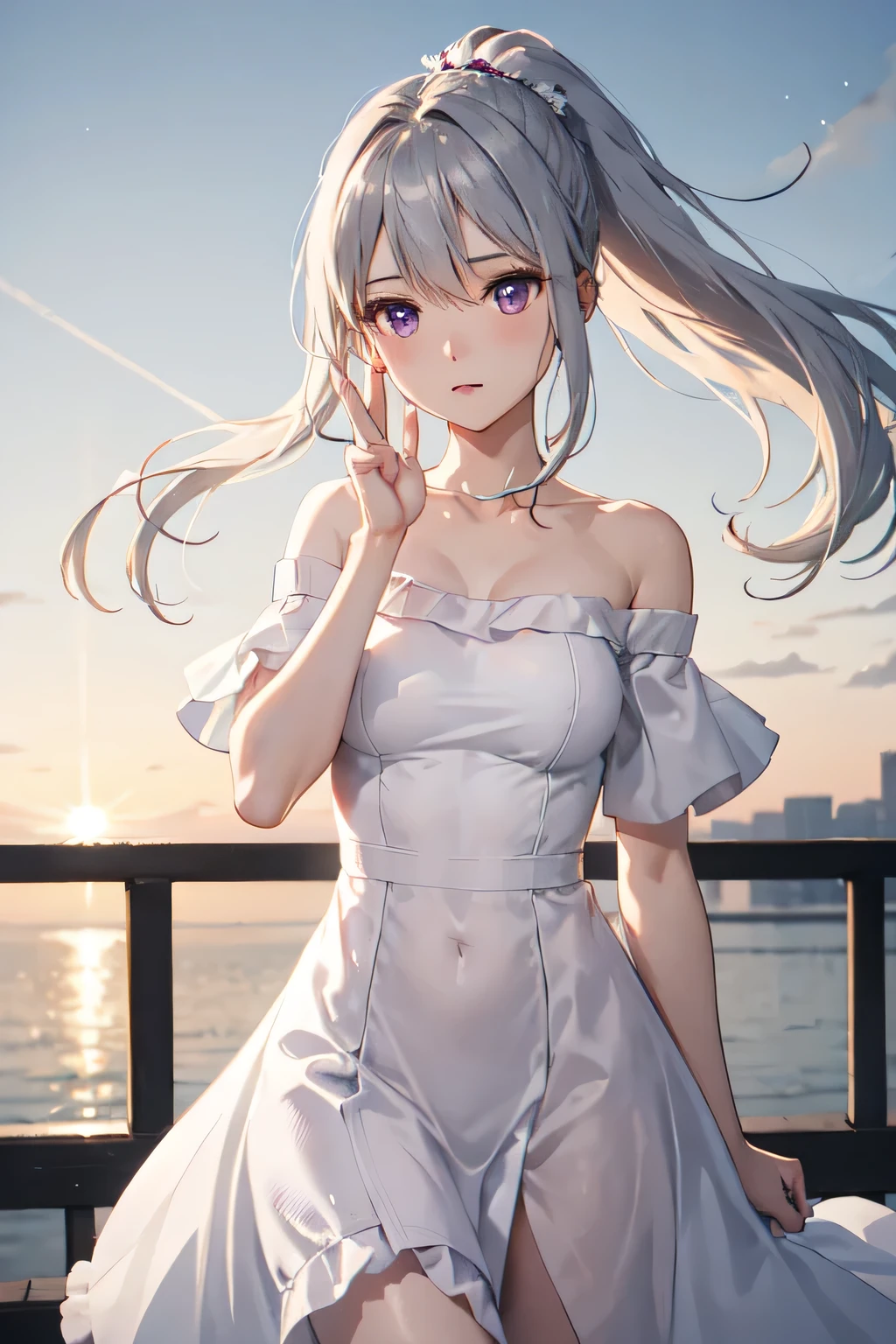 ((Highest quality)), ((masterpiece)), (detailed), One girl, Off-the-shoulder sweater, She stands on the balcony、White hair fluttering in the wind。Her hair is tied up in a ponytail、Every time it sways in the wind it reflects a soft light.。Her purple eyes、It's as clear as a star shining in the night sky、It has a charm that attracts the viewer.。
She suddenly noticed this、Slowly turn your face towards me。The movement is graceful、It's as if time flows slowly。Her expression is calm、Smiling lightly。That smile is warm、Soothing。
Her purple eyes stare intently at me、A deep gaze that seems to see right into the depths of your soul。She takes one step、Come closer、Tilt your face slightly and make a peering gesture.。The gesture is very natural、It looks as if she wants to ask you something.。
What she is wearing、A simple yet elegant white dress。The hem of the dress sways in the wind、It enhances her pure beauty even more.。In the background、The sky is dyed in the sunset、The soft orange and pink light gently envelops her silhouette.。