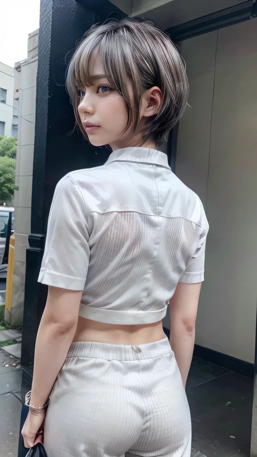 (Realistic、Like a photograph、Live Action、8k, Realistic, RAW Photos, Best image quality: 1.4), Single-lens reflex camera、RAW Photos, Highest quality, Realistic, Highly detailed CG Unity 8k wallpaper, Written boundary depth, Cinematic Light, Lens flare, Ray Tracing, Realistic background、A landmine girl waiting for an appointment、((Wearing an off-shoulder white blouse:1.4)、((Wear wide leg pants:1.1、((The strap of the shoulder bag passes between the chest:1.5、paisla:1.5、Vice Rush)))、Small breasts)、Cute ass)、((ultra high density skin))、 1 female,cute Japanese、Standing in front of the station, waiting for someone while looking at his smartphone、The whole body is visible:1.5、Wearing sneakers:1.1、((Silver Hair:1.5)、short hair:1.2、My hair flutters in the wind)、stylish ambiance、Very detailed and perfect costume、(White skin)、Precise and beautiful legs:1.1、View from the front、Super detailed face
