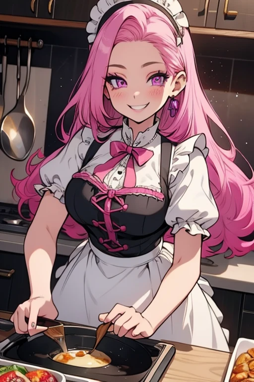 Perfect face. Perfect hands. A pink haired woman with violet eyes and an hourglass figure in a Lolita maid's outfit is cooking dinner in a fancy kitchen with a big smile