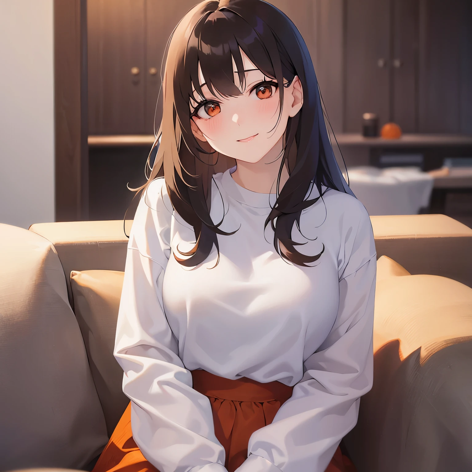 (looking at viewer:1.5),Upper Body、head tilt,
Realistic, real person, (pale skin: 1.2), RAW photo, photorealistic, shiny skin, shiny hair、
(A 25-year-old woman with medium-length hair and bangs) and (wavy hair) and (brown hair) and (orange eyes) 、
(blush:1.2),smile,Sitting、White long sleeve shirt、The background is the living room at night
