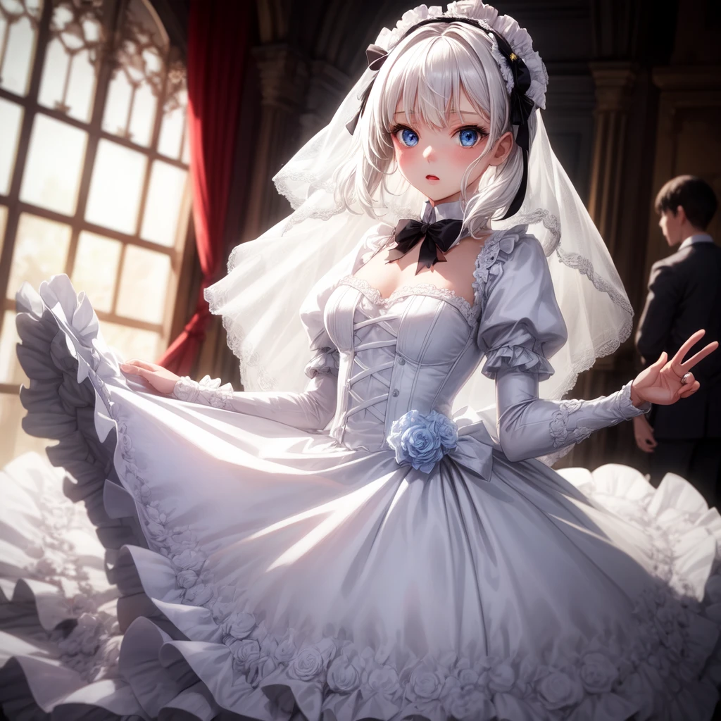 Lolita fashion, 1girl, Solo, white hair, blue eyes, puffy sleeves, wedding dress, torn dress, ripping