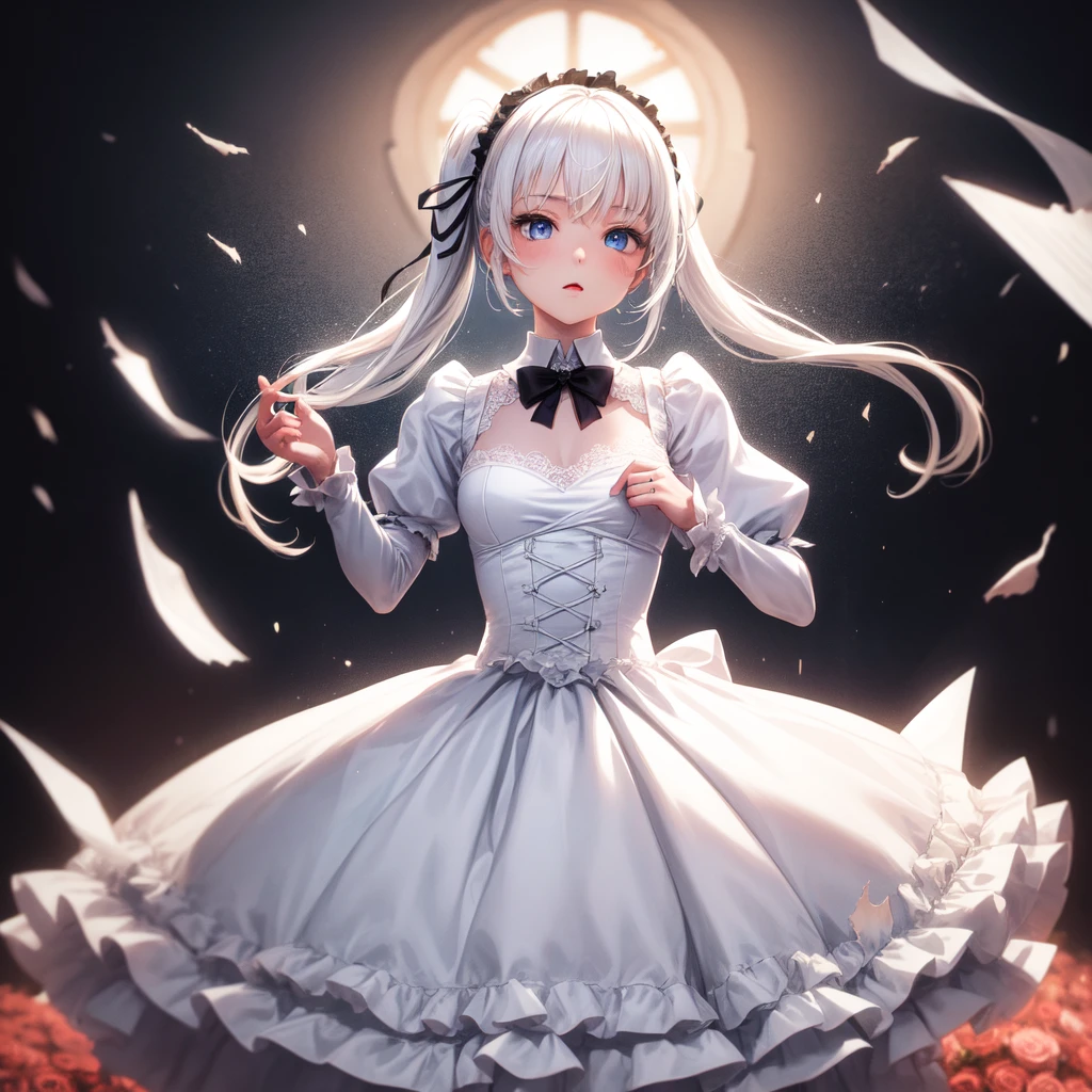 Lolita fashion, 1girl, Solo, white hair, blue eyes, puffy sleeves, wedding dress, torn dress, ripping