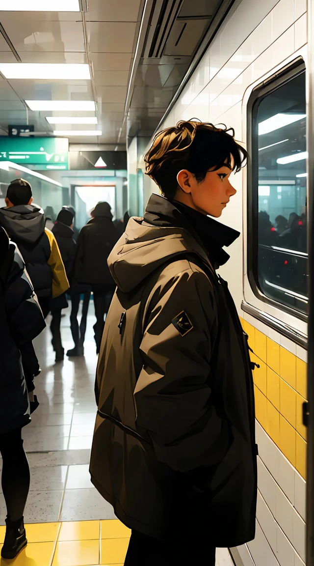 A lonely and sad man looking in the distance while standing in the city, viewed from the side. The scene is set inside a subway, with the man gazing at the scenery outside the window in front of the subway door. The image features vivid colors, soft focus, light leakage, and a dreamy winter atmosphere. It has an experimental charm, retro aesthetics, and breaks color field painting boundaries. The use of various colors and abstract expressionism conveys bold hues and emotional impact, with atmospheric depth. The composition adopts a minimalist approach.

In the scene, a beautiful woman with long, fancy brown-dyed hair and bright padded clothing stands beside him, viewed by the viewers as wearing hip-hop style padding. White stardust speckles the dark areas, adding an absurd, high-resolution, highly detailed touch. The composition emphasizes a vivid color palette, soft focus, light leakage, and a dreamy atmosphere