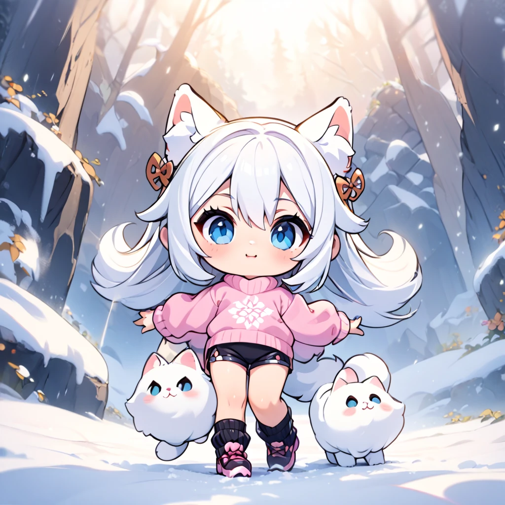 *8k Masterpiece, Top Quality, Best Quality, Official Art, (Beauty and Aesthetics: 1.3), Extremely Detailed, (Fractal Art: 1.3), cute soft smile. leg warmers with big shoes. white hair. Floppy cat ears that are on the side of her head. blue eyes. fluffy tail. naughty chibi. sweater dropped to shoulders. black short shorts. snowy background with sakuras. open sweater