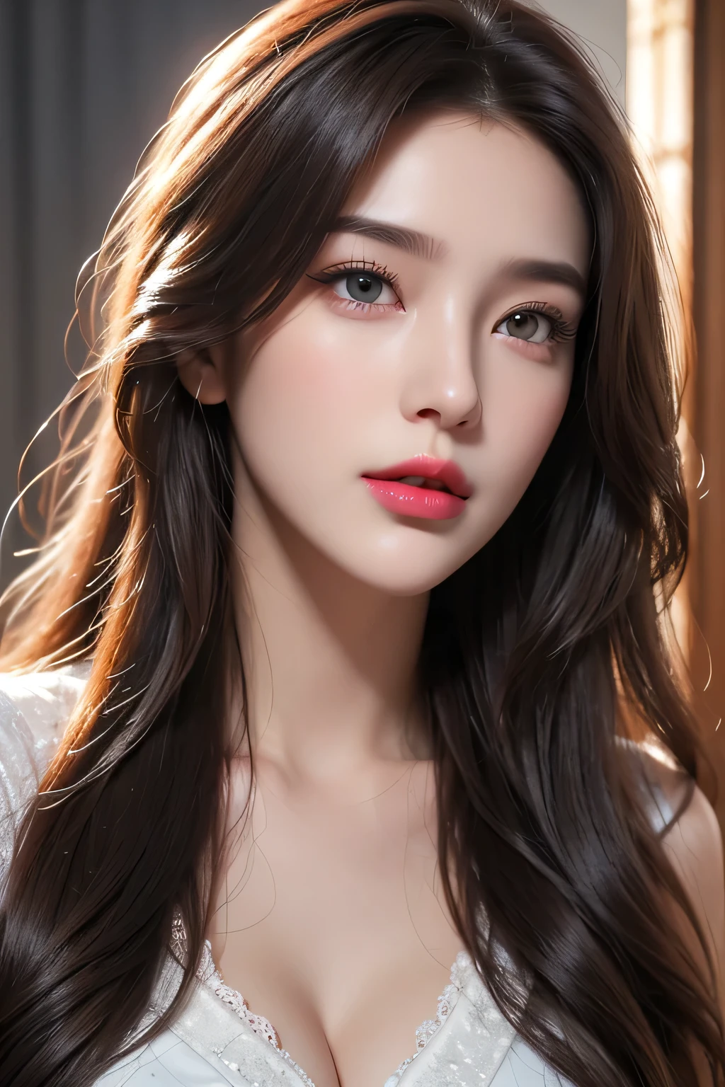 High-quality work,Realistic works,Super premium graphics,8K HD CG works,high quality graphics,High-definition and exquisite CG works,10x pixels,Ultra-fine details:1.1,Advanced technical details:1.1Realistic photo effects,Interior lighting effects:1.5,natural soft light:1.5. Light effect(Virtual light effects:1.8),Ultra-high resolution,shining dress,sliver long hair,silber hair,transparenthair,high detailed hair(Quality hair details:1.1)Clear eyes,Double eyelids look good,Sharp eye makeup, Create exquisite eyelash makeup, tthin eyebrows, Ultra-detailed eyes,a tall nose, lovely red lips, rosey cheeks, With delicate makeup on her face , pretty face, The face shape is perfectly proportioned,(Advanced facial details:1.1)(bionde),((((A face waiting for a kiss)),((Approaching kissing face))),((Urgent kissing face)))、Focus on the face、White、Eye color random ,Women's artwork,Dress full body video,Reality,Amazing Cleavage,My eyes are very bright today