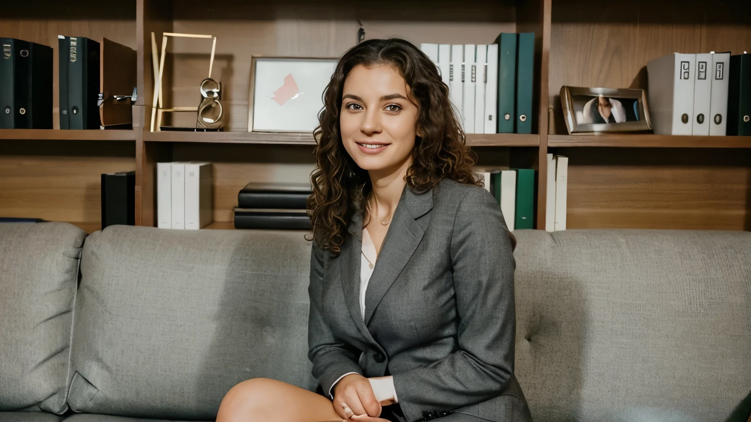 Woman about 30 years old psychologist, dressed in a business suit, sitting on the sofa in the office, smiling, professional photo shoot, you can see it completely , photo from afar, curly hair, girl sitting on the sofa strictly, professionally, sits facing forward, photo taken from far away, hair is strictly dark, against the background of flowers, office and bookshelves